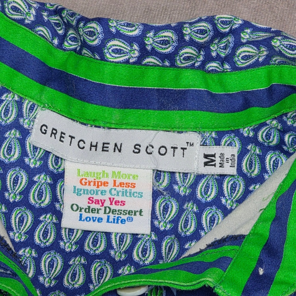 Gretchen Scott Womens Blue Green Paisley Floral Cotton Stretch Tunic Blouse M - Picture 2 of 7